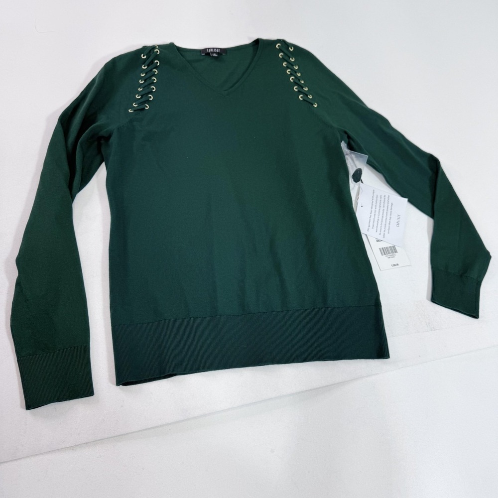 Carlisle Sweater Womens Medium Green Lace Up Shoulder V Neck Knit Pullover